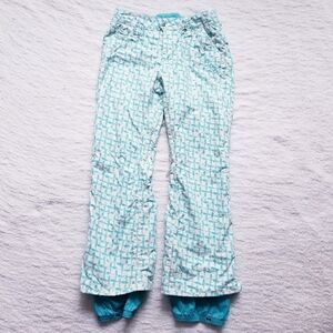 Women'd Burton Dry Ride Snowboard Ski Pants in White with Teal Print